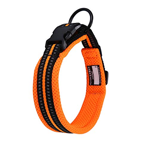 Collar para Perros Pequeños Grandes Medianos Reflectante Suave Acolchado Impermeable Ajustable Transpirable con Etiqueta de Nombre para Caminar Correr Trekking Entrenamiento (Naranja, S)