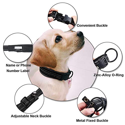 Collar para Perros Pequeños Grandes Medianos Reflectante Suave Acolchado Impermeable Ajustable Transpirable con Etiqueta de Nombre para Caminar Correr Trekking Entrenamiento (Negro, XL)