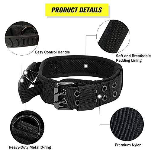 Collar táctico para perro con asa de control, nailon acolchado suave, collar ajustable K9 con hebilla de metal para perros medianos y grandes, reflectante para entrenamiento (verde, XL)