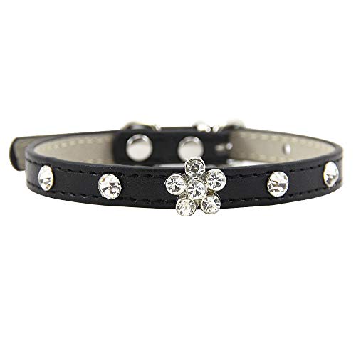 Collares para Perros,Cute Fashion Rhinestone Flor De Cuero Negro De Diamantes Collares De Pet,Transpirable Suave Collar Ajustable para Perros Pequeños/Cat, Super Ligero Fácil Diseño Hebilla para