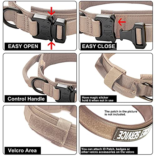 Collares Tácticos para Perros Collar K9 con Correa Perro Collares Ajustable con asa Hebilla de Metal, Militar Correa Elástica Nailon para Entrenamiento de Perros Medianos y Grandes, Caqui L