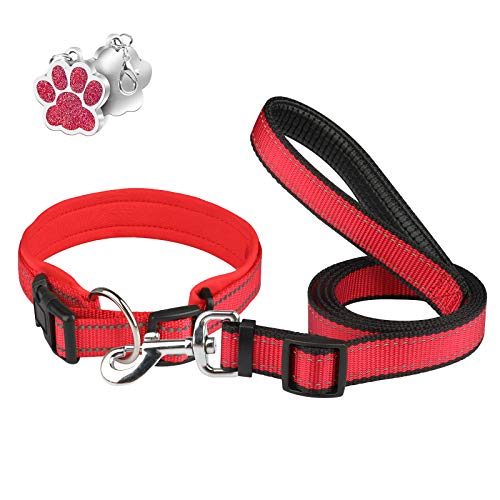 Collares y Correa para Perros Reflectante PcEoTllar Neopreno Acolchado Collar de Perro con Correa Etiqueta Duradero Ajustable Forrado Pequeños Medianos Grandes - Rojo - M