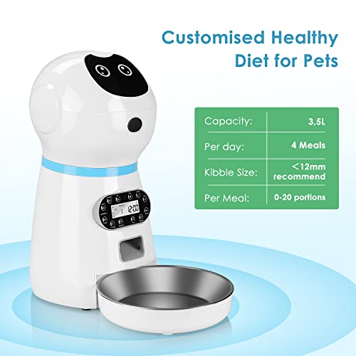 Comedero Automático para Gatos y Perros 3.5L, Dispensador Automático de Alimento con Cuenco de Acero Inoxidable, con Control de Porciones y Función de Grabación de Sonido