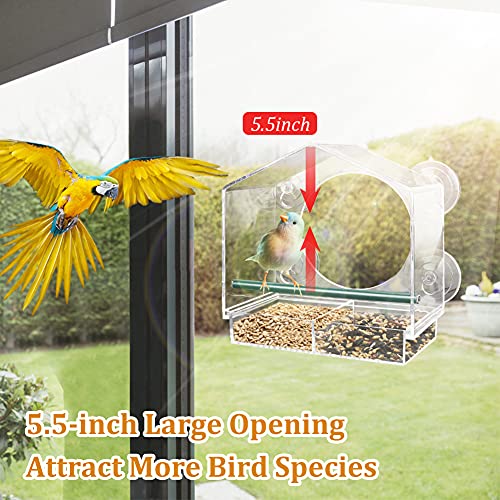 Comedero Pajaros Silvestres, Transparente Comedero Pájaros para Ventana con 4 Ventosas, Comedero Agapornis por Jardin, Balcon, con Atractiva Barra de Aterrizaje, Bandeja Extraíble, 21.5x20.5x10.5cm