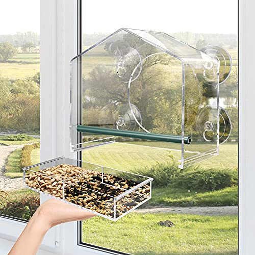 Comedero Pajaros Silvestres, Transparente Comedero Pájaros para Ventana con 4 Ventosas, Comedero Agapornis por Jardin, Balcon, con Atractiva Barra de Aterrizaje, Bandeja Extraíble, 21.5x20.5x10.5cm