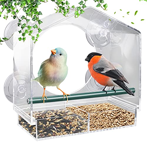 Comedero Pajaros Silvestres, Transparente Comedero Pájaros para Ventana con 4 Ventosas, Comedero Agapornis por Jardin, Balcon, con Atractiva Barra de Aterrizaje, Bandeja Extraíble, 21.5x20.5x10.5cm