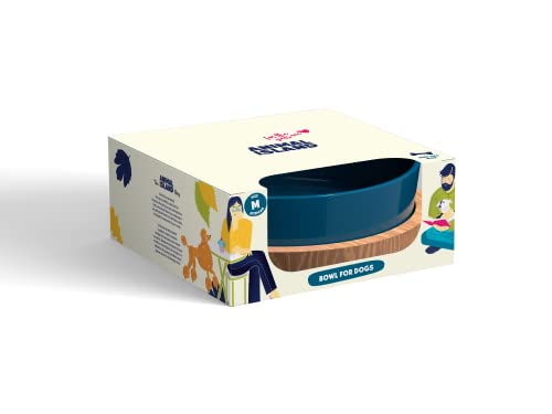 Comedero Perro de Cristal Soporte de Madera Antideslizante Comedero Bebedero Perro con Base de Madera Cuenco para Mascotas Pintado con Pintura Orgánica (1300 ml, Deep Sea Blue)