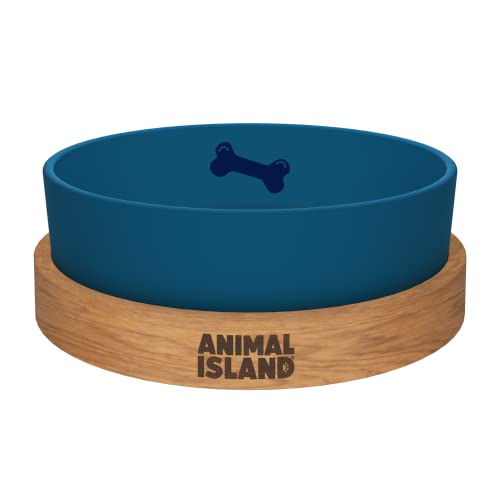 Comedero Perro de Cristal Soporte de Madera Antideslizante Comedero Bebedero Perro con Base de Madera Cuenco para Mascotas Pintado con Pintura Orgánica (1300 ml, Deep Sea Blue)