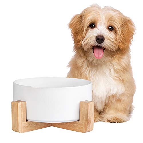 Comedero Perro y Comedero Gato con Soporte Antivuelco de Madera para Comida y Agua - Comederos y Bebederos para Perros Gatos de Ceramica 850 ml