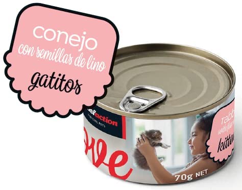 Comida húmeda para Gatitos, Sabor Conejo con Semillas de Lino (12 latas x 70 gr)