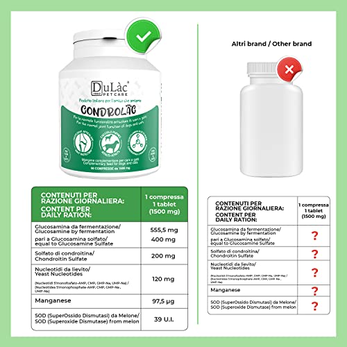 CONDROLAC Condroprotector para Articulaciones de Perros Dosis Alta, Glucosamina 555mg + Condroitina 200mg + Manganeso - 90 Comprimidos para Cachorros y Adultos, Apto para Perros y Gatos - Dulàc