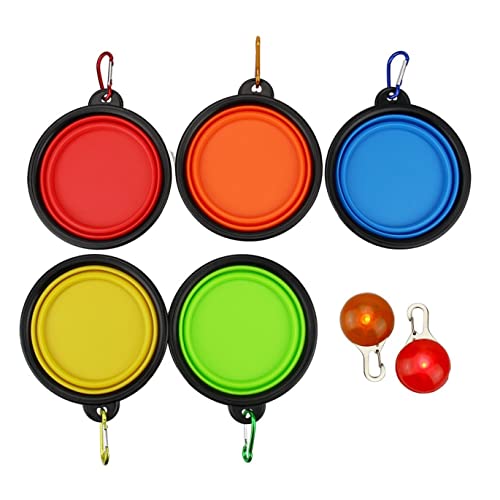 Conjunto automático del alimentador de Perros de 5 Colores Platos Plegables para Perros de Viaje con 2 Colgantes de Perro LED Gratis