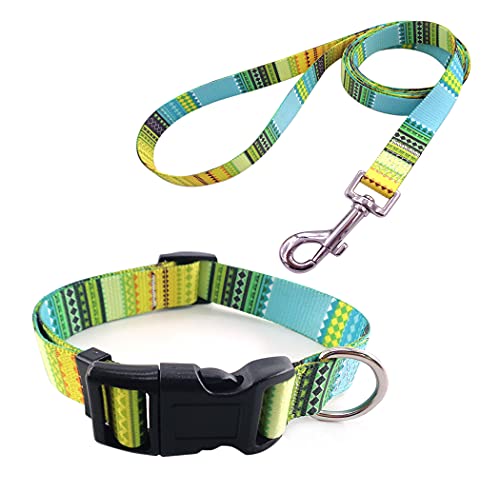 Conjunto de collar y correa de perro con patrones bohemios, estilo étnico suave, ajustable para perros pequeños, medianos y grandes, mascota para caminar al aire libre, correr (verde)