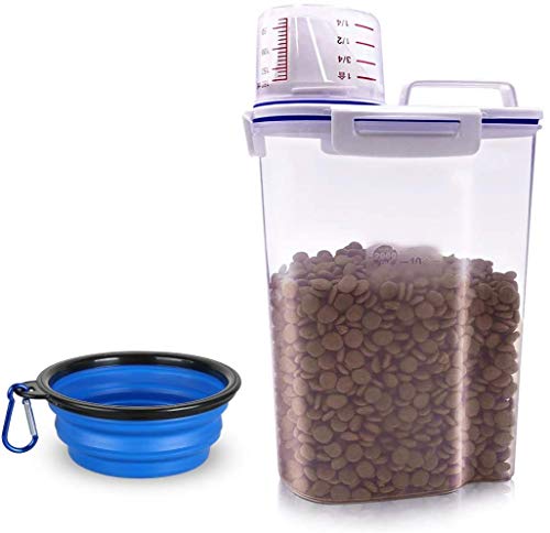 Contenedor de comida para Perros Pequeños, Dispensador de plástico hermético con taza de medición Graduada, Boquilla vertedor y cuenco portátil plegable para Perros, Para gatos, Aves y semillas