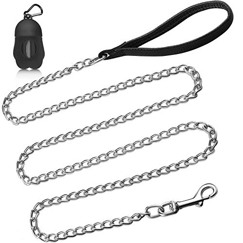 Correa de Cadena de Metal de 6 Feet Correa de Perro Resistente con Funda de Bolsa de Basura de Perros, Correa Básica con Mango Acolchado para Caminar, Mascota Grande y Mediana (Negro)