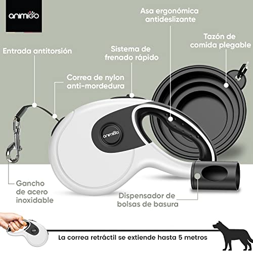 Correa Perro Extensible 5 Metros Largo - Cuerda Perro Retráctil Con Dispensador Bolsas Perros, Gancho de Gran Resistencia y Mango Antideslizante, Correa Extensible Perro Grande y Pequeño Hasta 50 kg