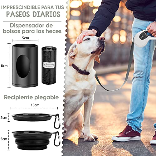 Correa Perro Extensible 5 Metros Largo - Cuerda Perro Retráctil Con Dispensador Bolsas Perros, Gancho de Gran Resistencia y Mango Antideslizante, Correa Extensible Perro Grande y Pequeño Hasta 50 kg