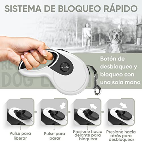 Correa Perro Extensible 5 Metros Largo - Cuerda Perro Retráctil Con Dispensador Bolsas Perros, Gancho de Gran Resistencia y Mango Antideslizante, Correa Extensible Perro Grande y Pequeño Hasta 50 kg