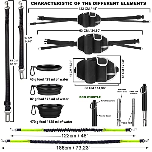 Correa Running Perro Correa Manos Libres Perros Cintura Ajustable Costuras Reflectantes,Pack Cuenco Plegable,cinturón Coche Perro,Silbato,30 Bolsas
