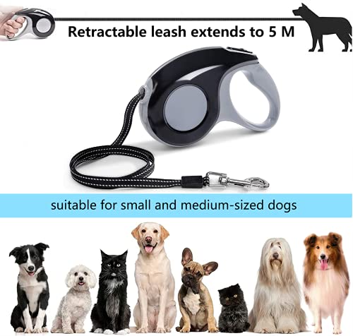 Correas para perros retráctiles, cuerda de tracción telescópica, correa de adiestramiento para perros, frenado y bloqueo con un botón, asa antideslizante, máximo 15 kg (negro, 5 metros)