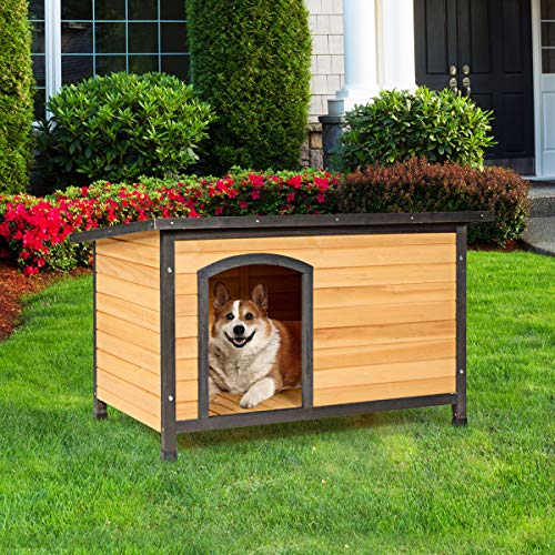 COSTWAY Casa de Madera para Perros, Casita Resistente a la Intemperie para Exterior, Casa para Animales con Techo con Bisagras, Entrada Abierta y Suelo Removible para Mascotas