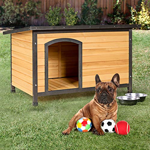 COSTWAY Casa de Madera para Perros, Casita Resistente a la Intemperie para Exterior, Casa para Animales con Techo con Bisagras, Entrada Abierta y Suelo Removible para Mascotas