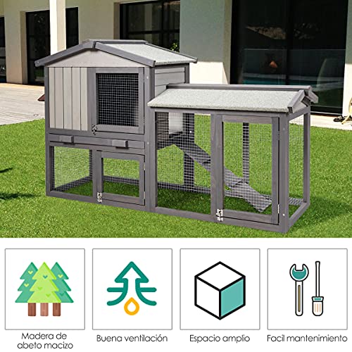 COSTWAY Conejera de Madera Exterior con Bandeja Removible y Rampa, Jaula para Conejos con 2 Pisos, Conejera de Madera con Techo Impermeable para Conejos Pollos (Gris)