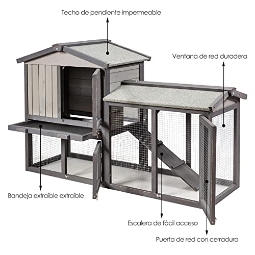 COSTWAY Conejera de Madera Exterior con Bandeja Removible y Rampa, Jaula para Conejos con 2 Pisos, Conejera de Madera con Techo Impermeable para Conejos Pollos (Gris)