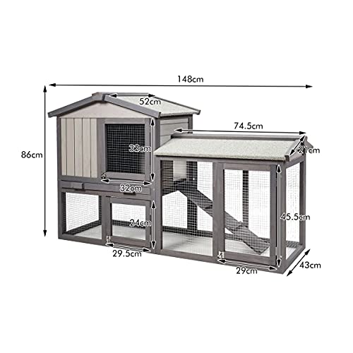 COSTWAY Conejera de Madera Exterior con Bandeja Removible y Rampa, Jaula para Conejos con 2 Pisos, Conejera de Madera con Techo Impermeable para Conejos Pollos (Gris)