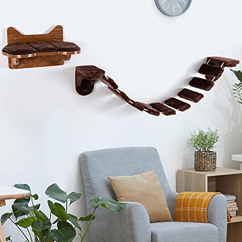 COSTWAY Escalera para Gatos Montada a la Pared, Cama de Madera para Gatos con Escalera, Duradera y Estable, Centro Actividad de Interior para Gatos,Fácil de Montar