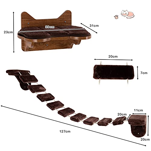 COSTWAY Escalera para Gatos Montada a la Pared, Cama de Madera para Gatos con Escalera, Duradera y Estable, Centro Actividad de Interior para Gatos,Fácil de Montar