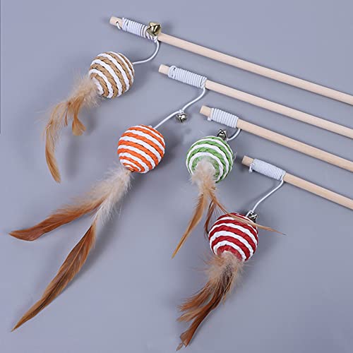 croselyu Juego de plumas de juguete para gatos interactivas | 5 palos de madera natural, 5 juguetes de felpa diferentes, plumas naturales, juguetes de felpa y cuerda elástica (estilo 1)