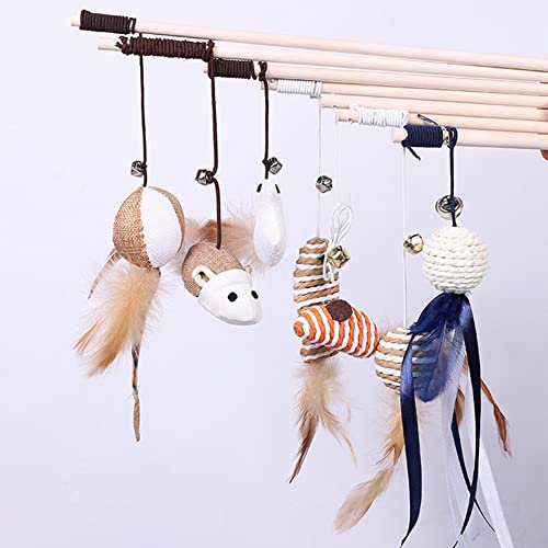 croselyu Juego de plumas de juguete para gatos interactivas | 5 palos de madera natural, 5 juguetes de felpa diferentes, plumas naturales, juguetes de felpa y cuerda elástica (estilo 1)