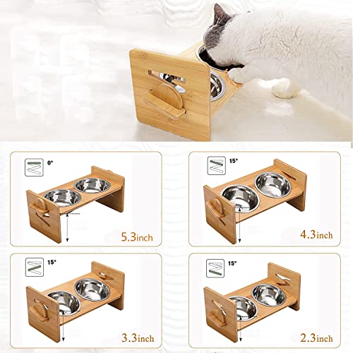 Cuenco para perros,Cuenco para perros altura ajustable,Comedero para Perro Doble para Perros Gatos,Soporte Elevado de Bambú para Perros Medianos y Perrito,Cuenco Elevado para Mascotas de Acero Inox