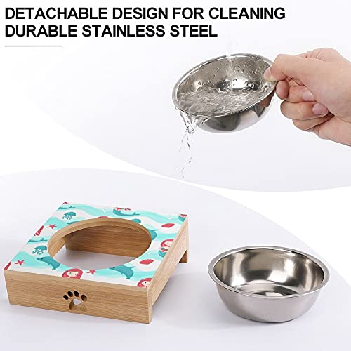 Cuencos elevados para mascotas para gatos y perros estrella de mar de mar de sirena delfín ajustable bambú elevado y cuencos de agua soporte alimentador cuencos de acero