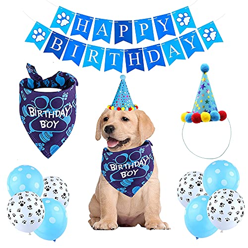 Cumpleaños para Perros,Bandana Cumpleaños Perro,Set de Cumpleaños para Mascotas,Perro Cumpleaños,Decoracion Cumpleaños para Perros,Regalo de Perros（Azul）