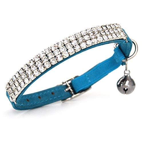 DAIXI Collar de gato ajustable suave terciopelo seguro collares Bling Diamante con campanas para cachorro de gatito (azul)