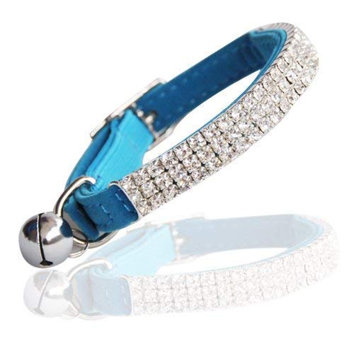 DAIXI Collar de gato ajustable suave terciopelo seguro collares Bling Diamante con campanas para cachorro de gatito (azul)