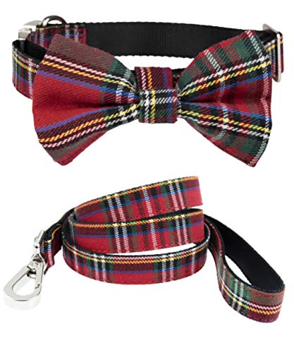 Dashin' Dogz Juego de collar y correa para perro escoceses con pajarita desmontable para niñas o niños, cómodo patrón a cuadros, totalmente ajustable, gran regalo para mascotas (M, rojo)