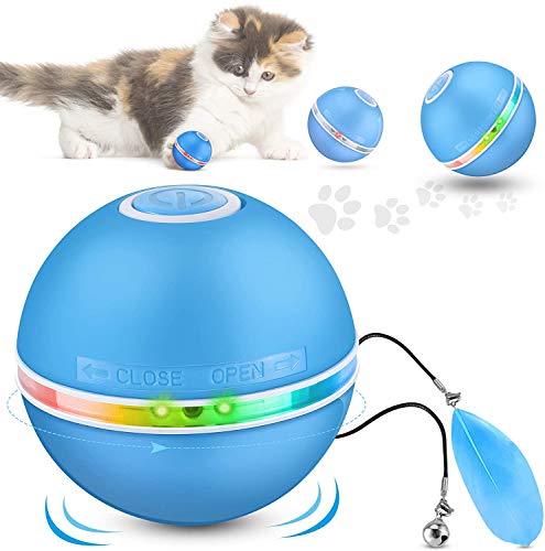 DazSpirit Juguetes para Gatos Interactivos Bola De Gato, Pelotas De Juguete para Gatos Eléctrica Interactivo Pelotas para Gatos con Luz Led, 360 Grados Automática Giratoria, Carga USB,Azul