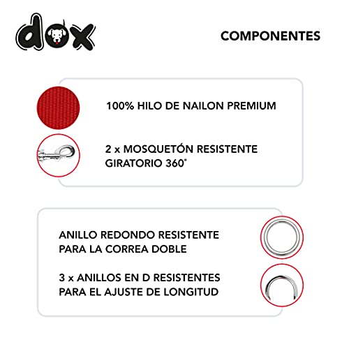 DDOXX Correa Perro de Nailon, Ajustable en 3 Direcciones, 2 m | Correas para Perros Grandes y Pequeños | Correa Doble para Perros, Gatos, Cachorros | Correa para Correr | Rojo, XS