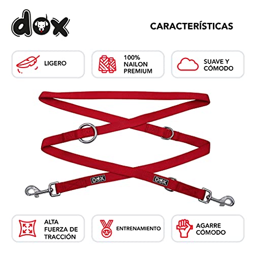 DDOXX Correa Perro de Nailon, Ajustable en 3 Direcciones, 2 m | Correas para Perros Grandes y Pequeños | Correa Doble para Perros, Gatos, Cachorros | Correa para Correr | Rojo, L