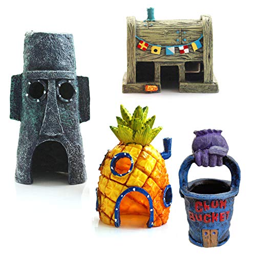 Decoraciones para acuarios, 4 piezas de accesorios para pecera, casa de piña, isla de Pascua, Hom Krusty cangrejo Chum cubo para peces beta ermitaño, tortuga, camarones de agua dulce y agua salada