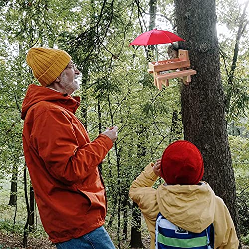 DERCLIVE Comedero de ardilla de madera al aire libre divertido mesa de alimentación de ardillas con paraguas para jardín y jardín, jardín, color rojo