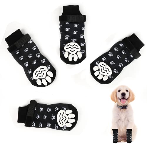 Dereine Calcetines para Perros 4 Piezas,con Correas de Fijación,Gel Reforzado para La Protección y Tracción de Las Patas,Protección Integral de Las Patas en 3 Tamaños (M, Negro)