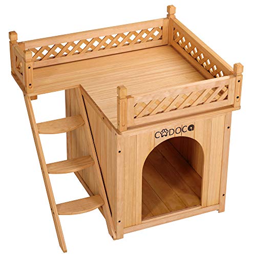 Deuba Caseta para Perro 2 Plantas Balcón y Cueva de Madera Resistente Intemperie 64,5x54,5x53,5 cm