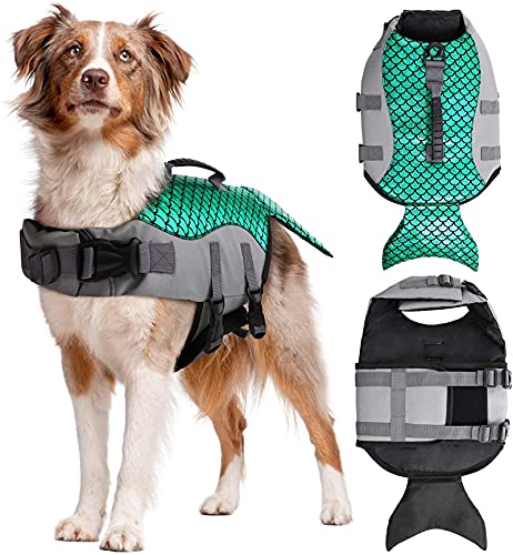 DevileLover Chaleco Salvavidas para Perro- Rayas Reflectantes, Traje De Baño Ajustable- Chaleco De Flotación De Alta Visibilidad para Playa Piscina Barco- Sirena, Azul/Verde/Rojo Rosa