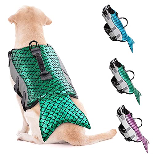 DevileLover Chaleco Salvavidas para Perro- Rayas Reflectantes, Traje De Baño Ajustable- Chaleco De Flotación De Alta Visibilidad para Playa Piscina Barco- Sirena, Azul/Verde/Rojo Rosa