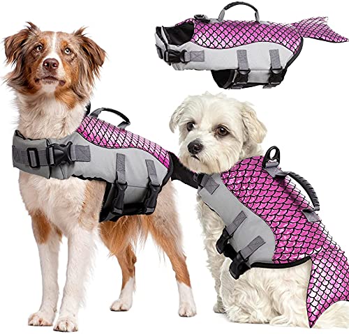 DevileLover Salvavidas para Perro- Rayas Reflectantes, Traje De Baño Ajustable- Chaleco De Flotación De Alta Visibilidad para Playa Piscina Barco- Sirena, Azul/Verde/Rojo Rosa(SML XL)