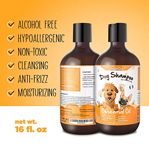 Dhohoo Champú para Perros para Alergias y Picazón con Aceite Esencial, Ingredientes Naturales Champú para Perros con Olor, Alivio de la Piel Seca con Picazón, Crecimiento del Pelo Sano(473ml)